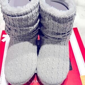 Charter Club Women’s Slouch Boot Slippers Gray Knit Faux Fur Cozy Indoor Shoes